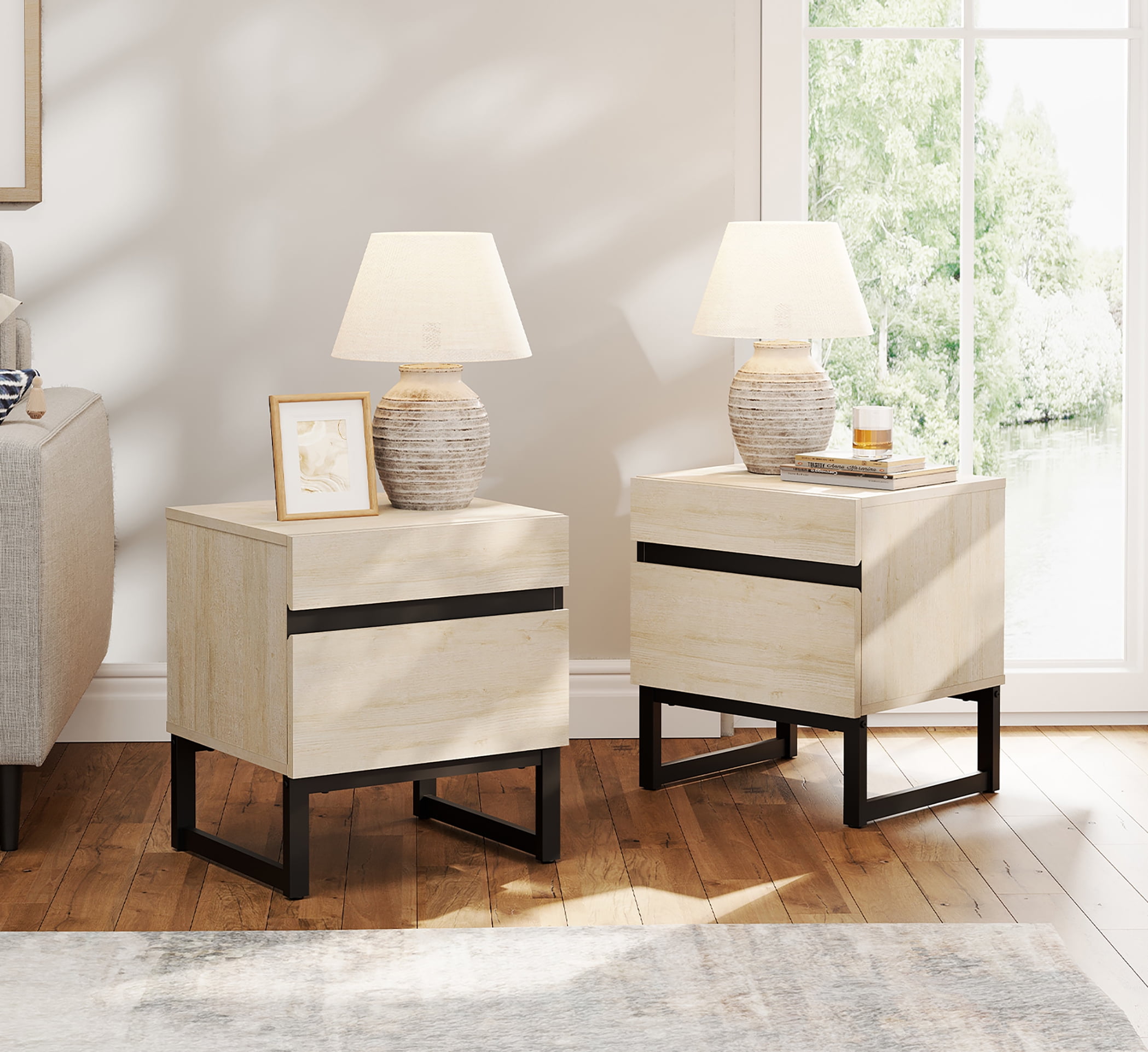 WAMPAT Modern 2 Pack End Tables With 2 Drawers - Compact Sofa Side Table & Nightstand For Living Room & Bedroom