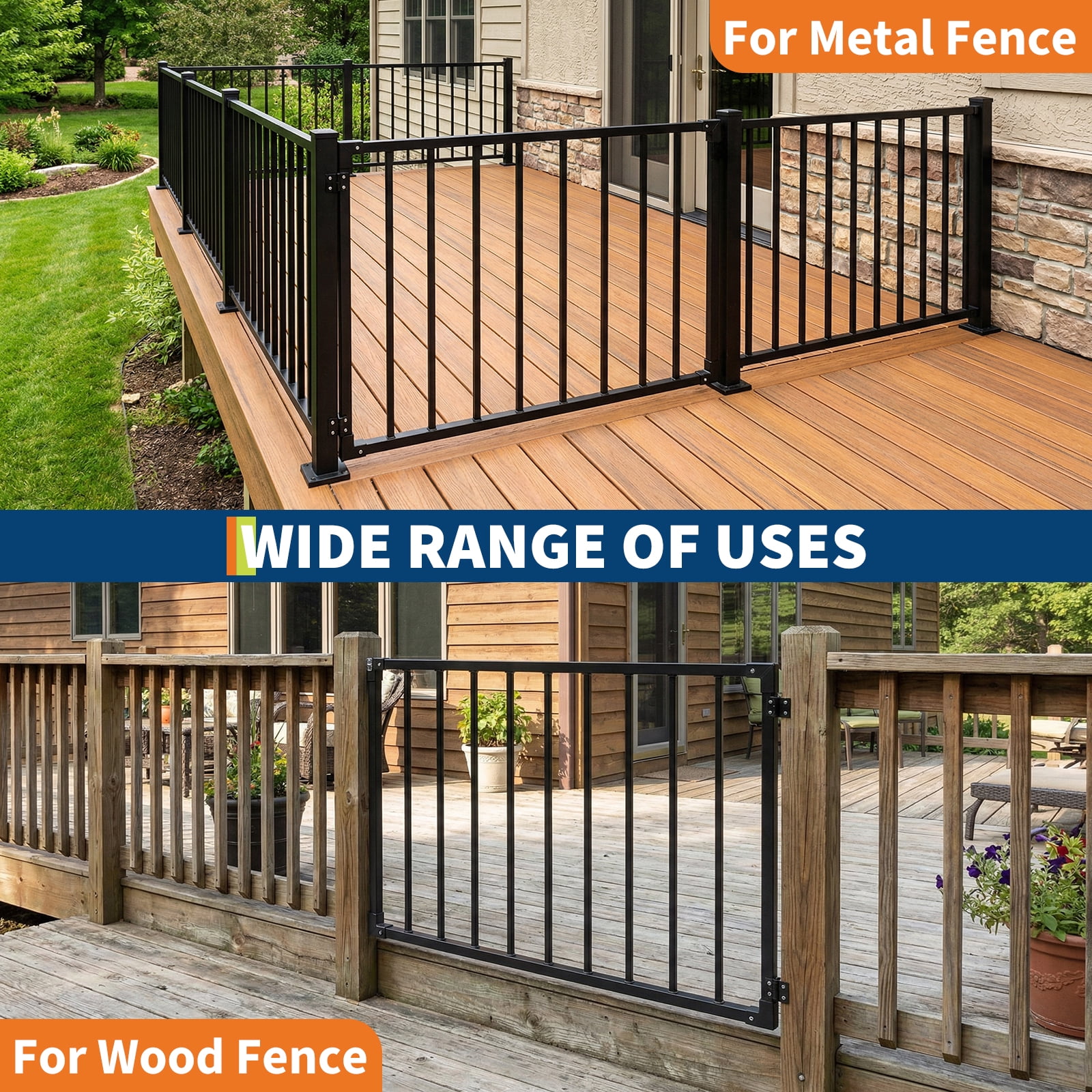 Deck Gate 42-inch Height, Black Heavy-Duty Steel Adjustable Gate for Openings up to 48 inches Wide, Outdoor Patio Safety Gate with Hinges & Latch Included for Yard Porch Stairs