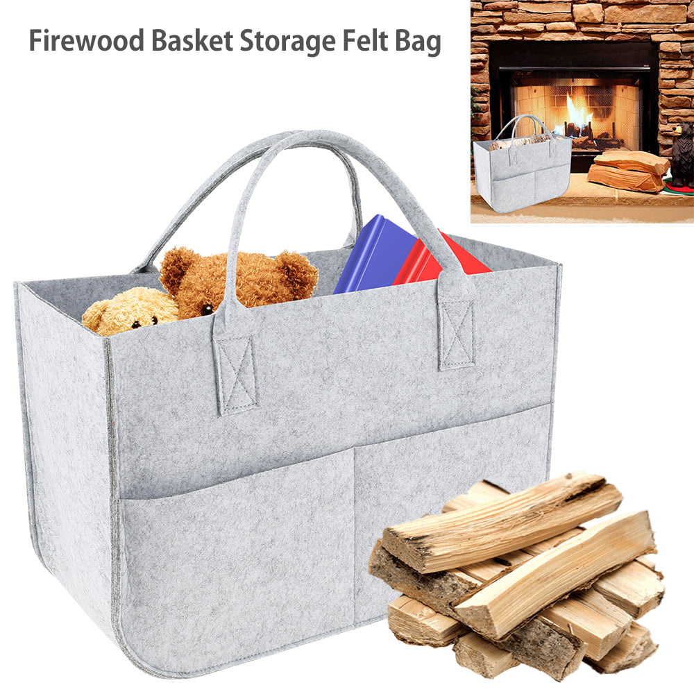 Firewood Basket Storage Felt Bag Shopping Basket Grey Magazine Rack Basket with Handle for Carry Wood Toys Newspaper