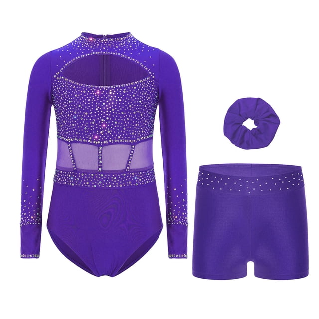 Runhomal Kids Girls Shiny Rhinestone Long Sleeve Gymnastic Leotard Ballet Tumbling Dance Unitard with Shorts Set Purple 12