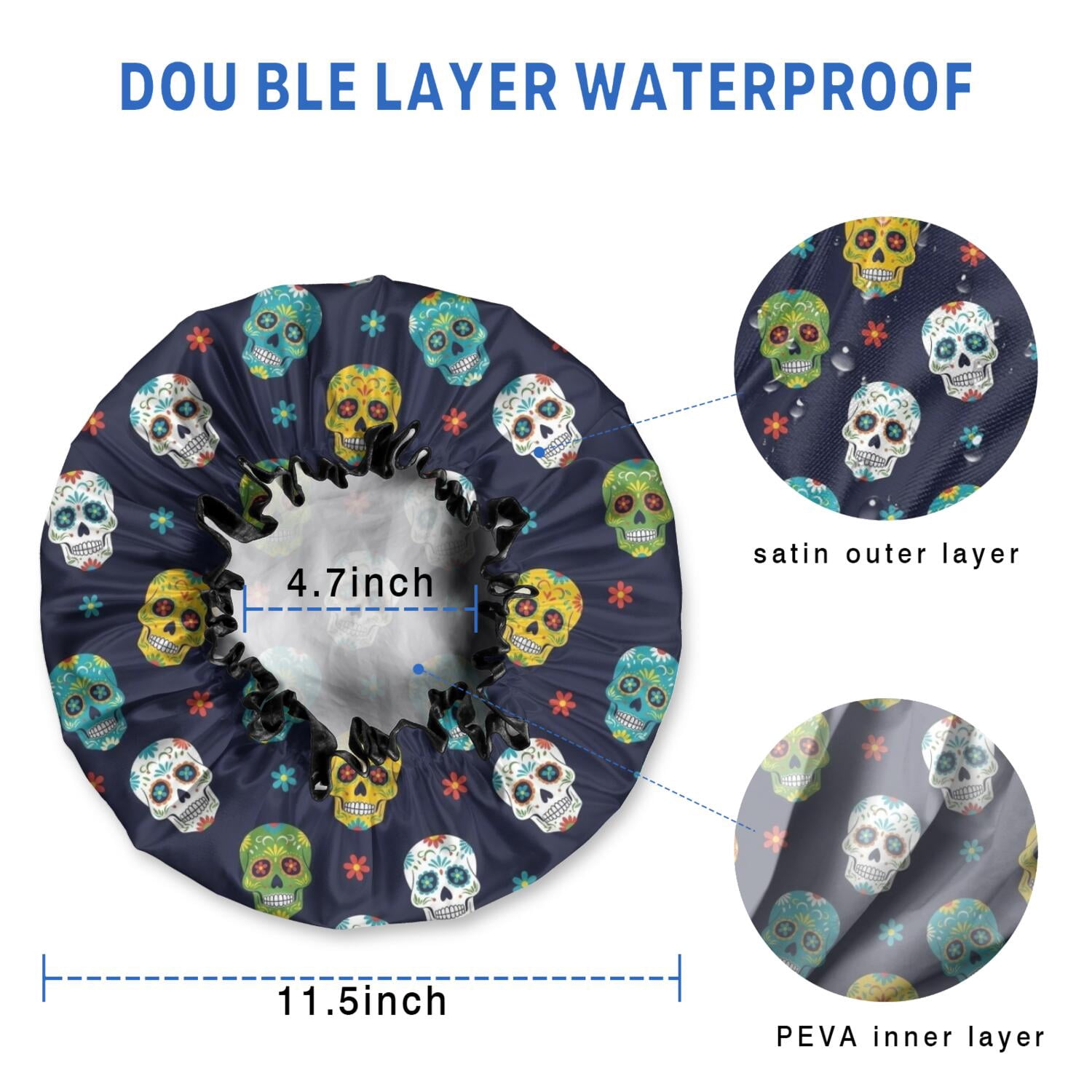 Shower Caps,Navy Colorful Skull Pattern Waterproof Shower Cap for Women 4 Pieces,Double Reusable Hair Cover for Shower PEVA Elastic Stretch Hem