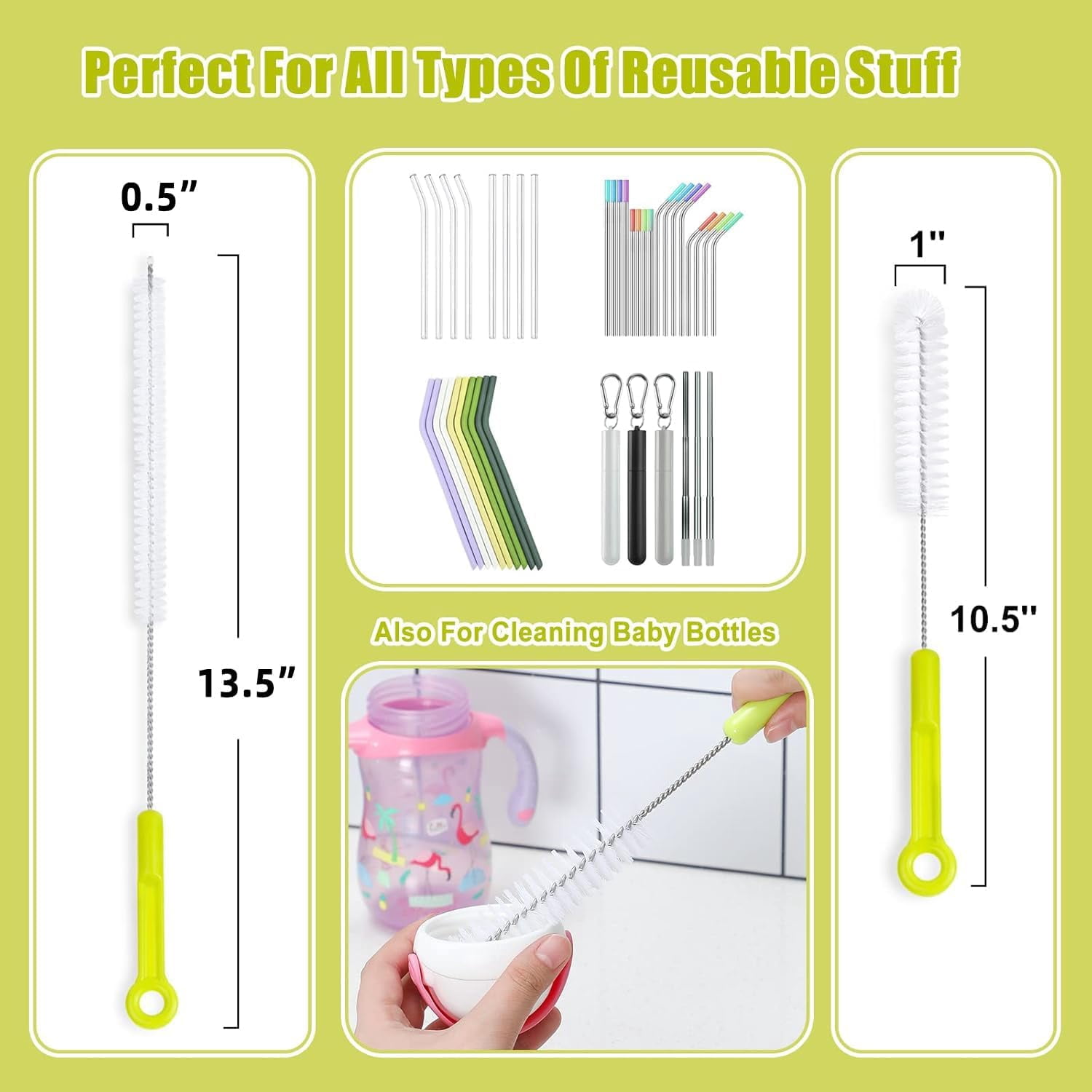 Bottle Cleaning Brush Set - Long Handle Cleaner for Washing Narrow Neck Beer Bottles, Sports Water Bottles with Straw Brush, Kettle Sp/Lid Brushes
