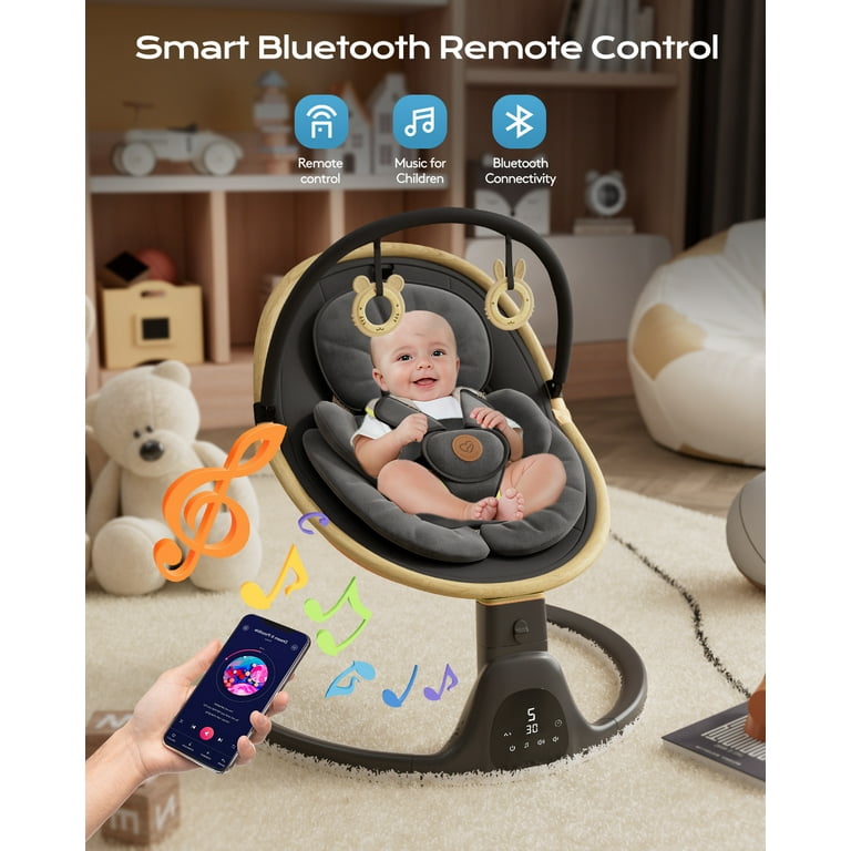 Baby Swing, Portable Bluetooth Infant Swing with Timer, 5 Speeds, 10 Lullabies, 5-Point Harness, Black