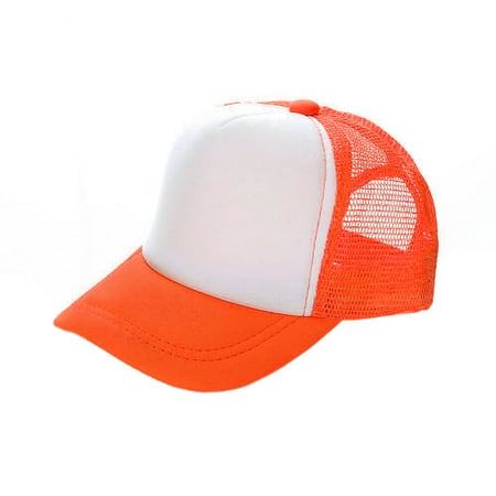 Poly Mesh Cap - Opromo Blank Neon Foam Poly Mesh Trucker Hat Cap, Adjustable Snapback Hi Vis Cap-Neon Orange/White-kids