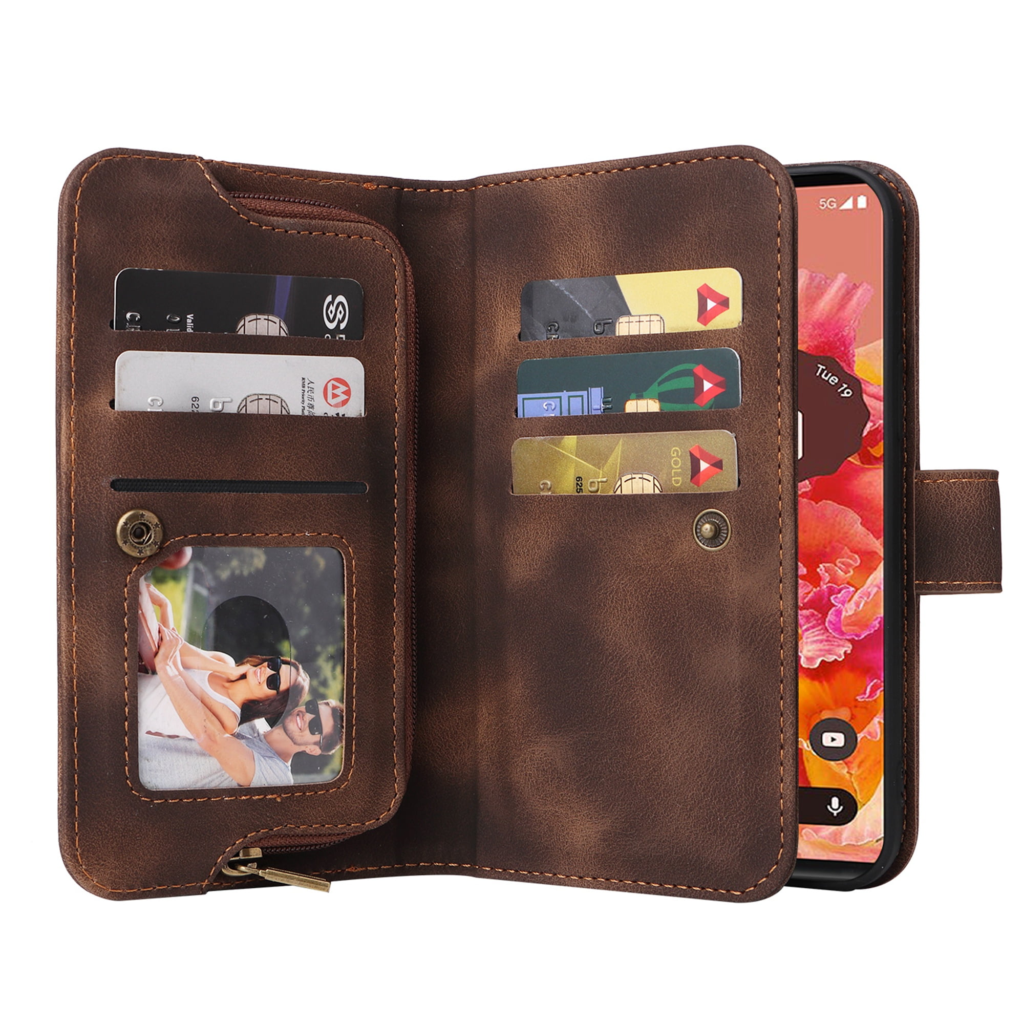 Dteck Crossbody Wallet Magnetic Phone Case for iPhone 13, Premium PU Leather Handbag Zipper Pocket with Lanyard Shoulder Strap Wristlet Folio Flip Case for Apple iPhone 13,Brown