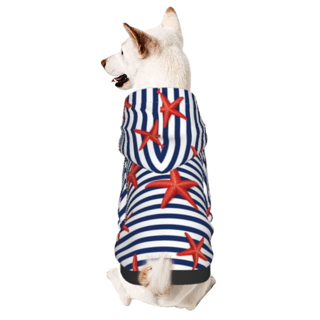 Fotbe Starfish Navy Blue Stripe Sudadera con Estampado para Perros Pequeños – Suéter con Capucha para Mascotas, Tela Suave de Forro Polar con Bolsillo-Large