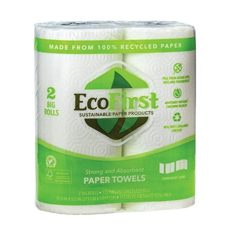 EcoFirst Recycled Paper Towels (2 Rolls) - Bulk Paper Towels - Paper Towels Half Sheet - Kitchen Paper Towels - Eco Friendly Paper Towels - Whitened Without Bleach - Free of Dyes Inks & Fragrances