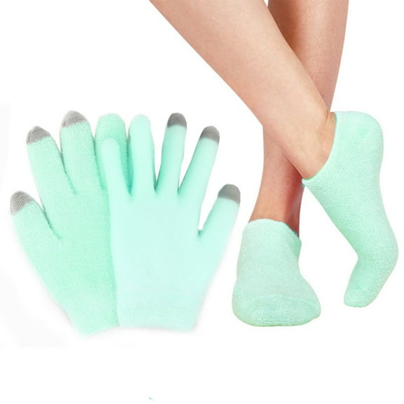 Moisturizing Gel Spa Socks Gloves Set for Soften Repairing Moisturizer Dry Cracked Hands Feet Skin Whitening Care Beauty Treatment Hydrating Cool Soft Silicone Inside Green