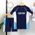 thumbnail image 4 of QUOTAY Boys Bathing Suit Solid Color 2 Piece Set with Letter Print Short Sleeve Rash Guard and Athletic Swim Trunks for Beach Ages 7-12 Boys Swim Set Blue_007,9Y, 4 of 8