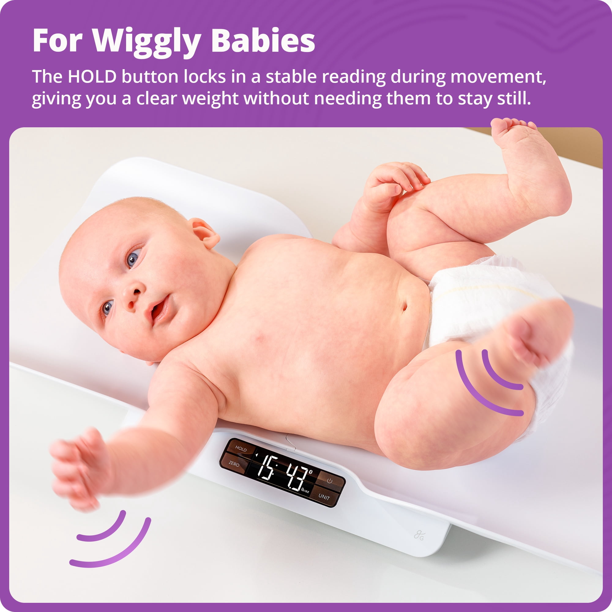 Greater Goods Digital Baby Scale with Bluetooth App, Smart Infant & Toddler Weight Scale, Motion Stabilization for Wiggly Babies