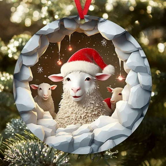Lamb Ceramic Christmas Ornament with Santa Hat - Holiday Tree Decoration in Stained Glass Style - Round Hanging Keepsake Ornament for Pet Lovers Printed on One Side