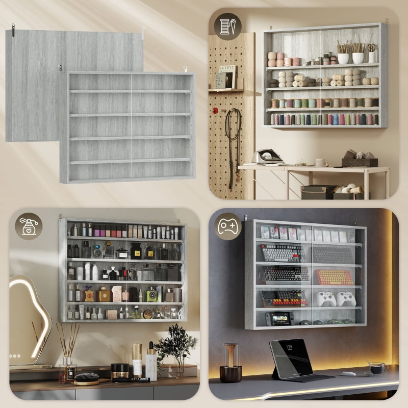 Alvantor in 5-Tier Wall Display Storage Cabinet with Glass Doors & Adjustable Shelves 31.5" x 3.7" x 23.6" White
