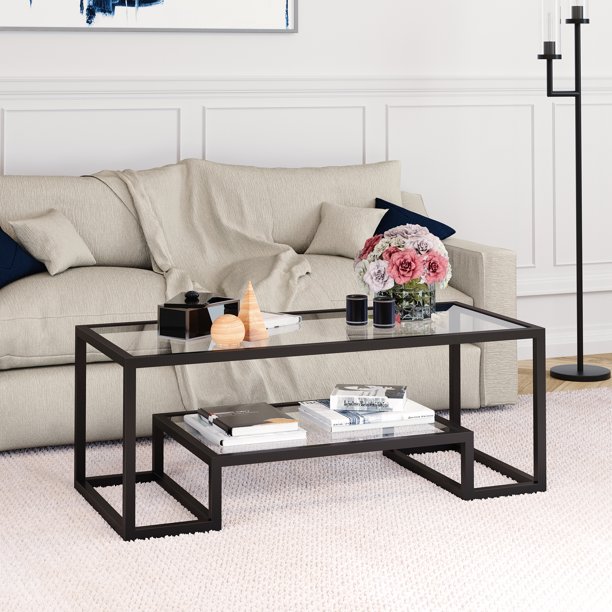 Evelyn&Zoe Contemporary Coffee Table with Glass Top and Shelf Walmart