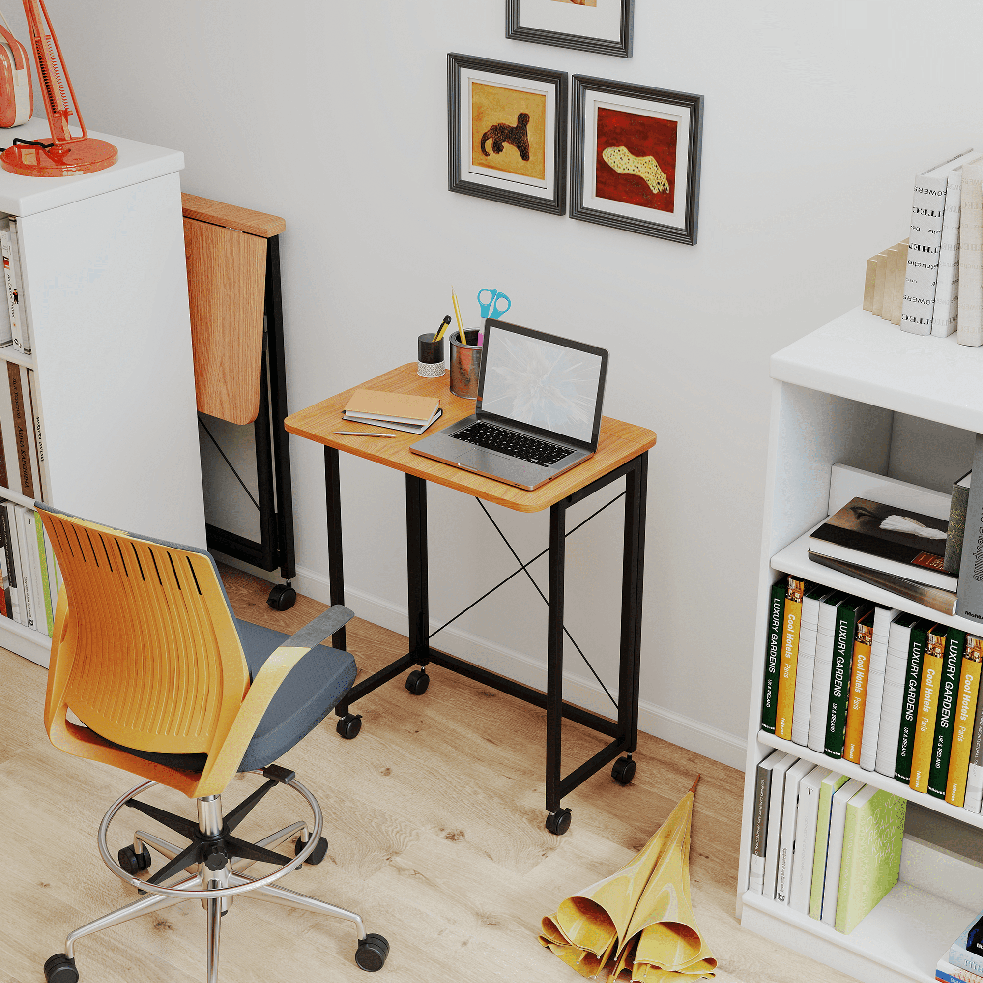 VGBYUJ Folding Desk with Wheels, 23.6" Small Mobile Writing Computer Table, No Assembly, Space Saving Study Desk for Dorm Office Bedroom, Teak Color