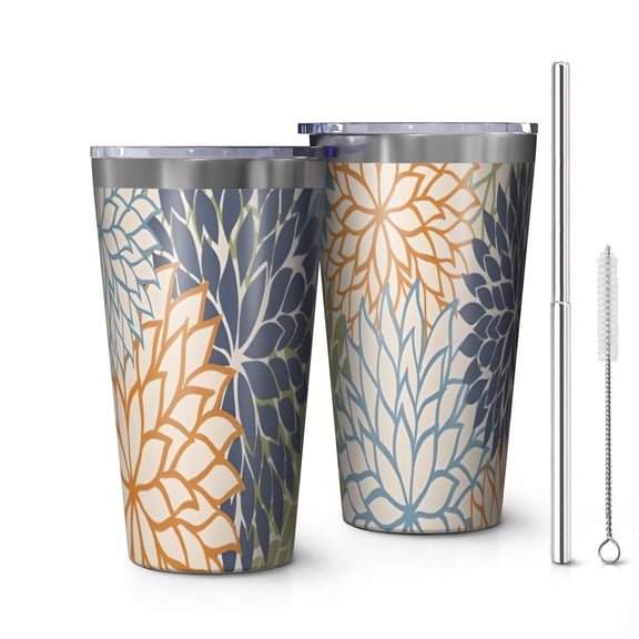 16oz Tumblers Blue Floral and Petal Pattern Stainless Steel Vacuum Insulated Double Wall Travel Tumbler Cups Mug with Lid and Straw,Cleaning Brush for Coffee,Tea