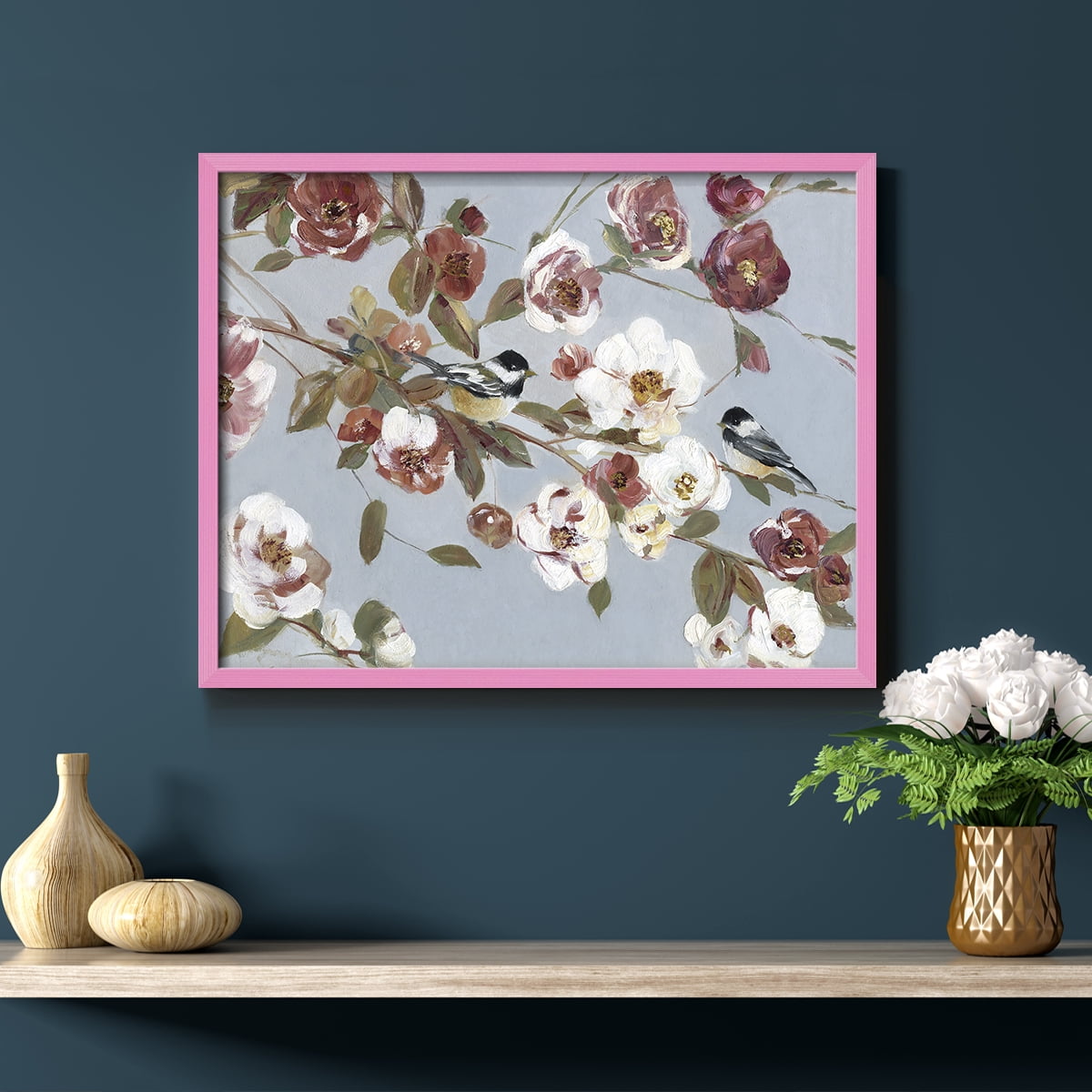 Chickadees and Blossoms II by Sally Swatland - Restickable Framed Giclée Print