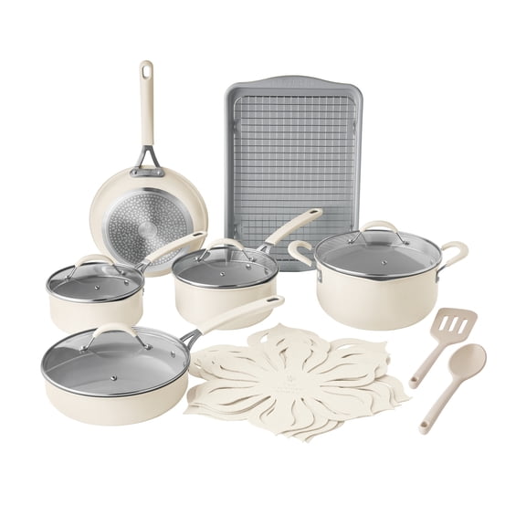 The Pioneer Woman Sutton 17-Piece Ceramic Cookware Set with Strainer Lids and Cookie Sheet with Rack, Cream