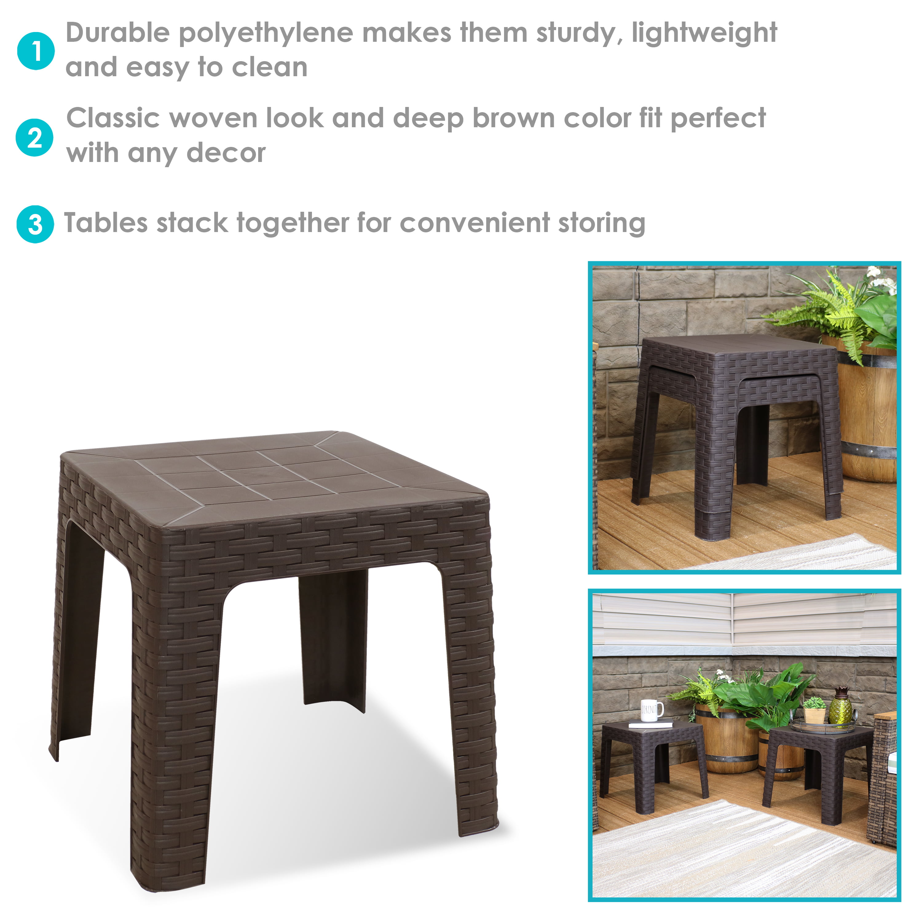 Sunnydaze Polypropylene Indoor/Outdoor Square Patio Side Table, Brown, 2pk