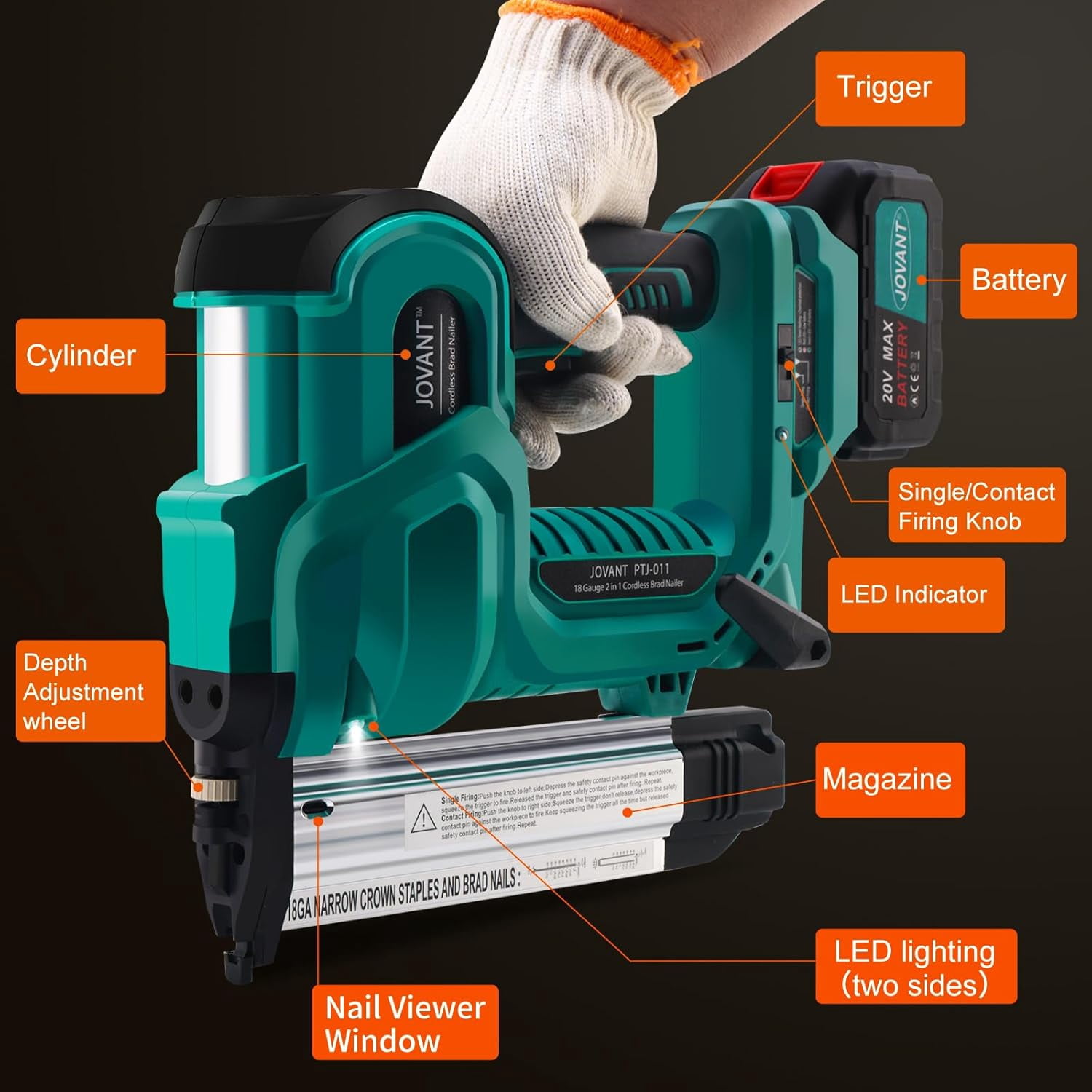 Cordless Brad Nailer with 2-Max Batteries & Charger, 2" Length Nails -18GA 1/4" Narrow Crown Staples,Nail Gun Battery Powered,Staple Gun with 800pcs Staples & Nails(Jovant)