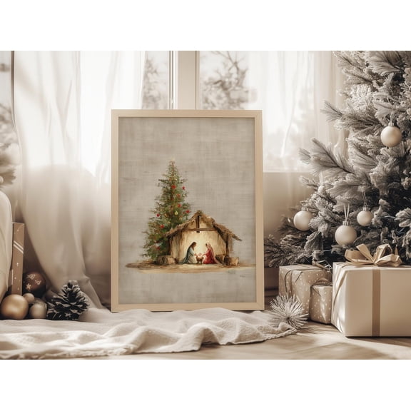 Nativity Scene Wall Art Print â€“ Holy Family Christmas Artwork with Tree, Baby Jesus Manger Painting, Christian Holiday Decor, Religious Art, 24x36 UNFRAMED