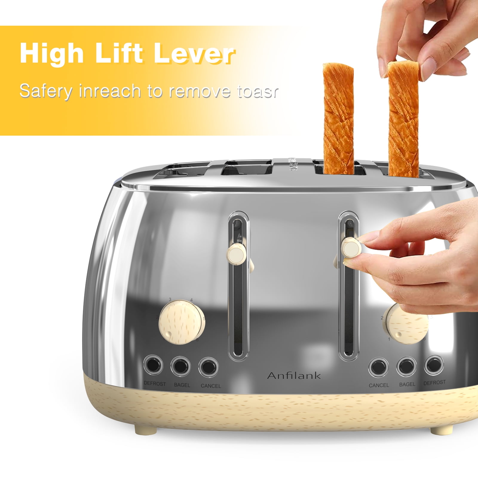 ANFILANK 4-Slice Retro Stainless Steel Toaster with Extra Wide Slots, Removable Crumb Tray & Warming Rack - Perfect for Bread & Breakfast Sandwiches