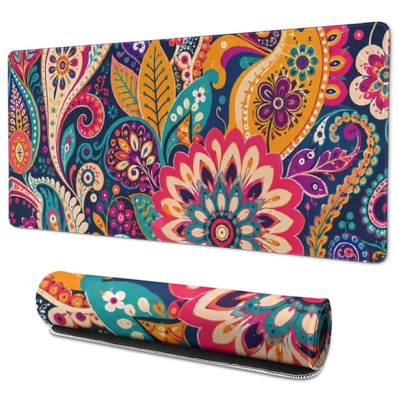 Boho Print Extra Large Mouse Pad, Stitched Edge Desk Mat with Non-Slip Rubber Base, Keyboard Pad and Desk Protector for Gaming, Work, Home Office, Computer Laptop, 35.4 x 15.7 in