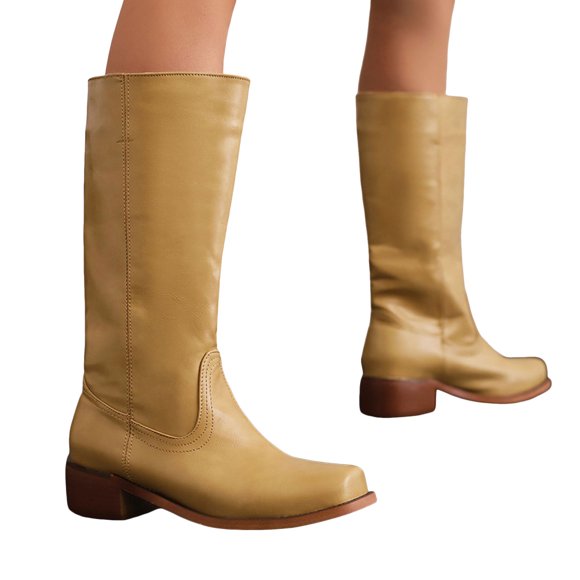 Bottes de Cowboy Mi-Mollet Larges pour Femmes, Vintage, Brunes, Couleur Unie, Bottes Western de Cowgirl pour Moto, Conduite, Travail