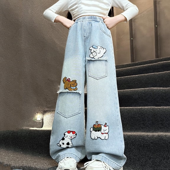 ATOGUTA High Rise Wide Leg Jeans for Girls Joggers Kids Baggy Summer Denim Pants Pocket School Elastic Waist Pull on Jean Pants Size 5T-15, Light Blue