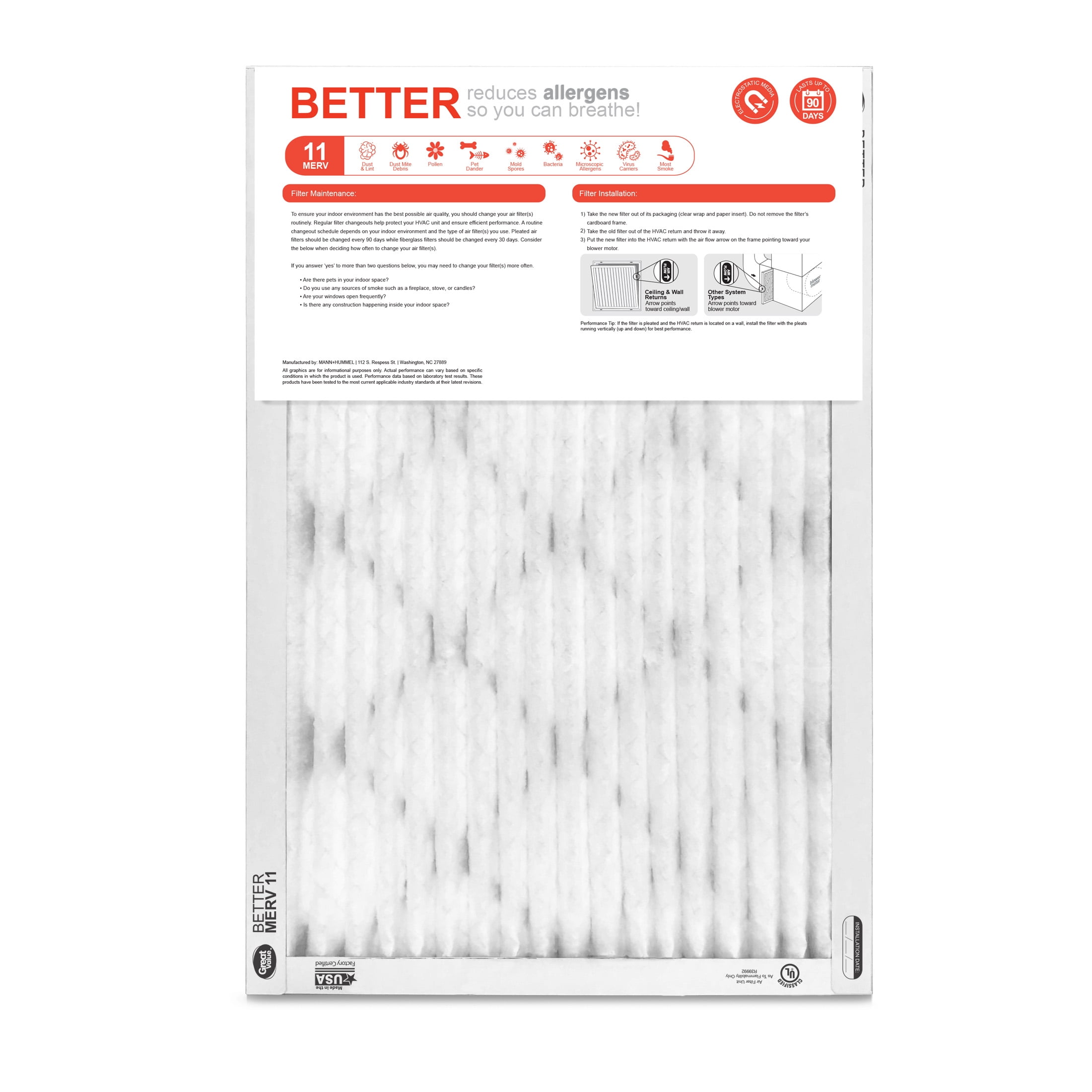 Great Value; 16x25x1; MERV 11 BETTER HVAC Air and Furnace Filter; Reduces Allergens; 4 Filters