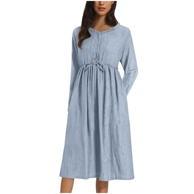 Ohufall Robe Maxi Boutonnée pour Femmes Automne Col Rabattu Ample Légère Contrôle du Ventre Manches Longues Robe Ligne A