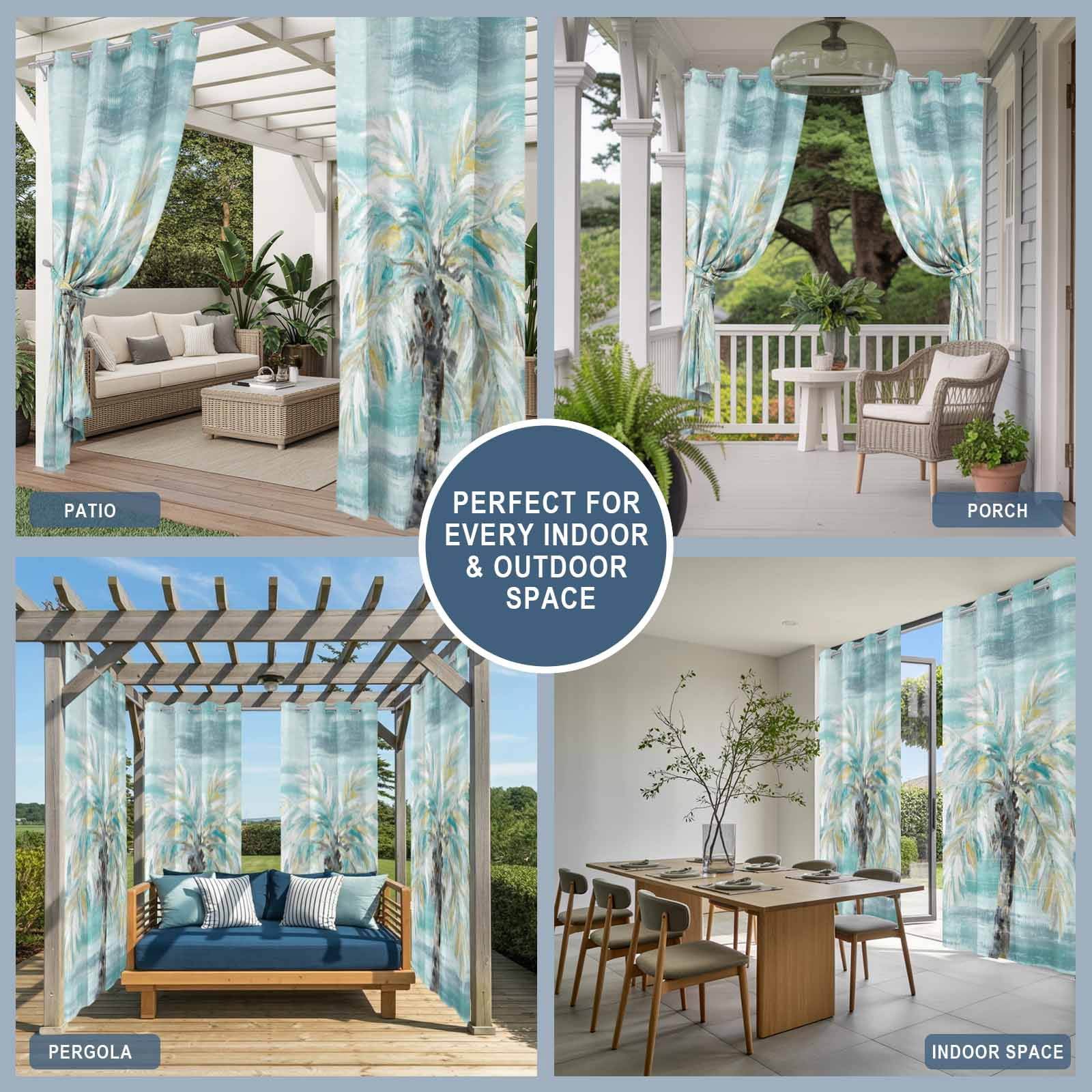 Summer Beach Palm Outdoor Curtains for Patio, Country Abstract Coastal Seaside Teal Yellow Brown Palm Sunshade Privacy Drapes Grommet Waterproof Outside Curtains for Porch Balcony 54"x108", 1 Panel