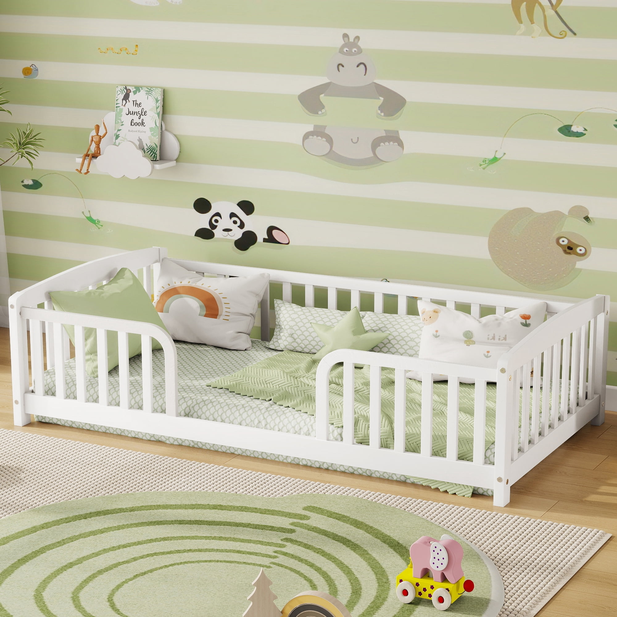 Mintazer Twin Size Toddler Floor Bed with Guardrails & Central Entrance, White