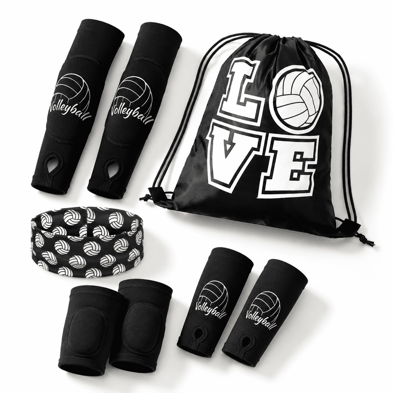 Black Small 4-Piece Volleyball Accessories Set with Sleeves, Pads, Bag, and Headband