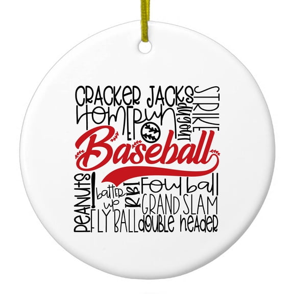 DistinctInk Hanging Ceramic Christmass Tree Ornament with Gold String - Great Gift / Present - 2 3/4 inch diameter - Baseball Word Art - Black & Red