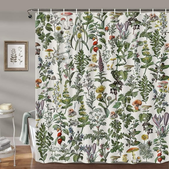Vintage Botanical Shower Curtain Plants Herbs Mushroom Sage Green Leaf Ferns Bath Curtain Boho Retro Wildflower Bathroom Decor Aesthetic Neutral Bath Set Farmhouse Bathroom Accessories 72X72IN