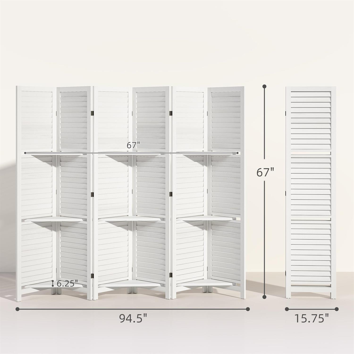 Demi Bonn 67" Tall Wood Privacy Screen Room Divider with 6 Panels, 3 Shelves, Folding Storage for Bedrooms, White
