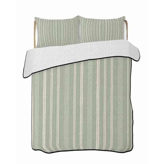 Sage Green Striped Quilts Bedding Set Queen Size Minimalism Stripes Modern Vintage Farmhouse Lightweight Quilted Bedspread 3 Piece Bed Quilt with 2 Pillow Shams All Season for Bedroom 78" x 90"