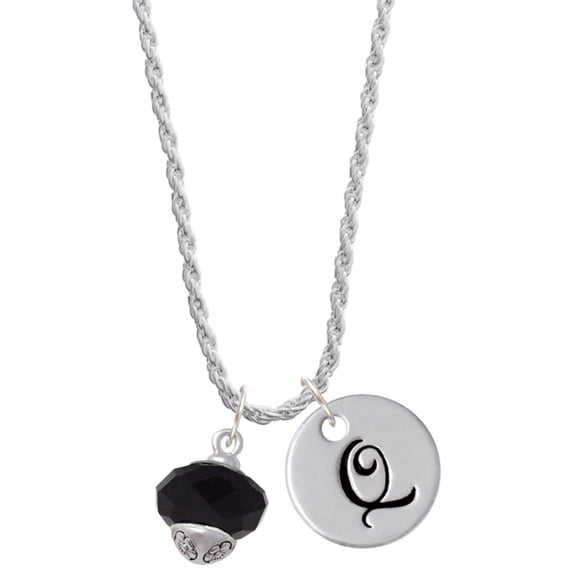 Delight Jewelry Silvertone Black Faceted Glass Spinner Silvertone Script Initial Disc - Q - Charm Necklace, 20"+3"