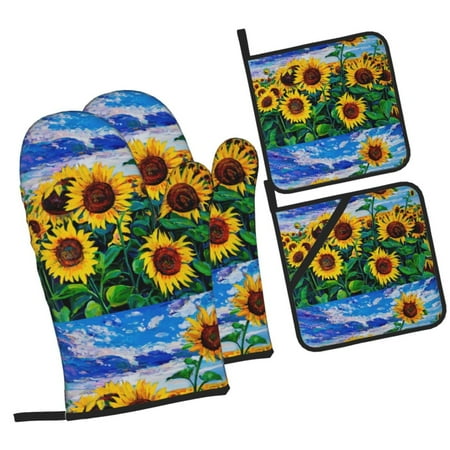 

Balery Landscape With Sunflowers Pattern Oven Mitts and Pot Holders 4 pcs Set Kitchen Oven Glove High Heat Resistant 500℉ Oven Mitts with Non-Slip Silicone Surface