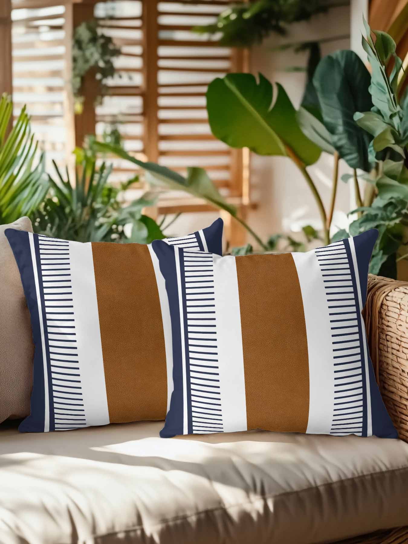 Waterproof Outdoor Throw Pillows with Inserts 18"x18" Set of 2, Modern Brown Blue Soft Decorative Pillowcases for Couch Bedroom, Boho Contemporary Geometric Striped Pillow Covers for Sofa Living Room