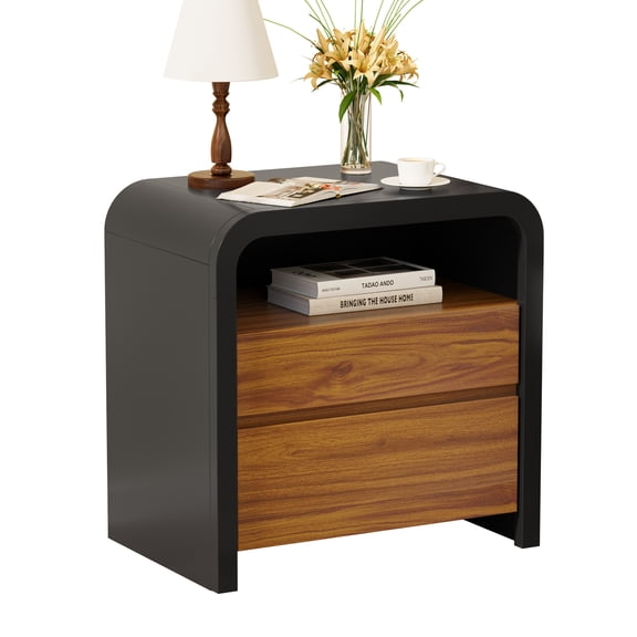 24" Black & Walnut Modern Nightstand with Curved Anti-Collision Design, 2 Drawers & Open Wood Shelf, Farmhouse Bedside End Table for Bedroom