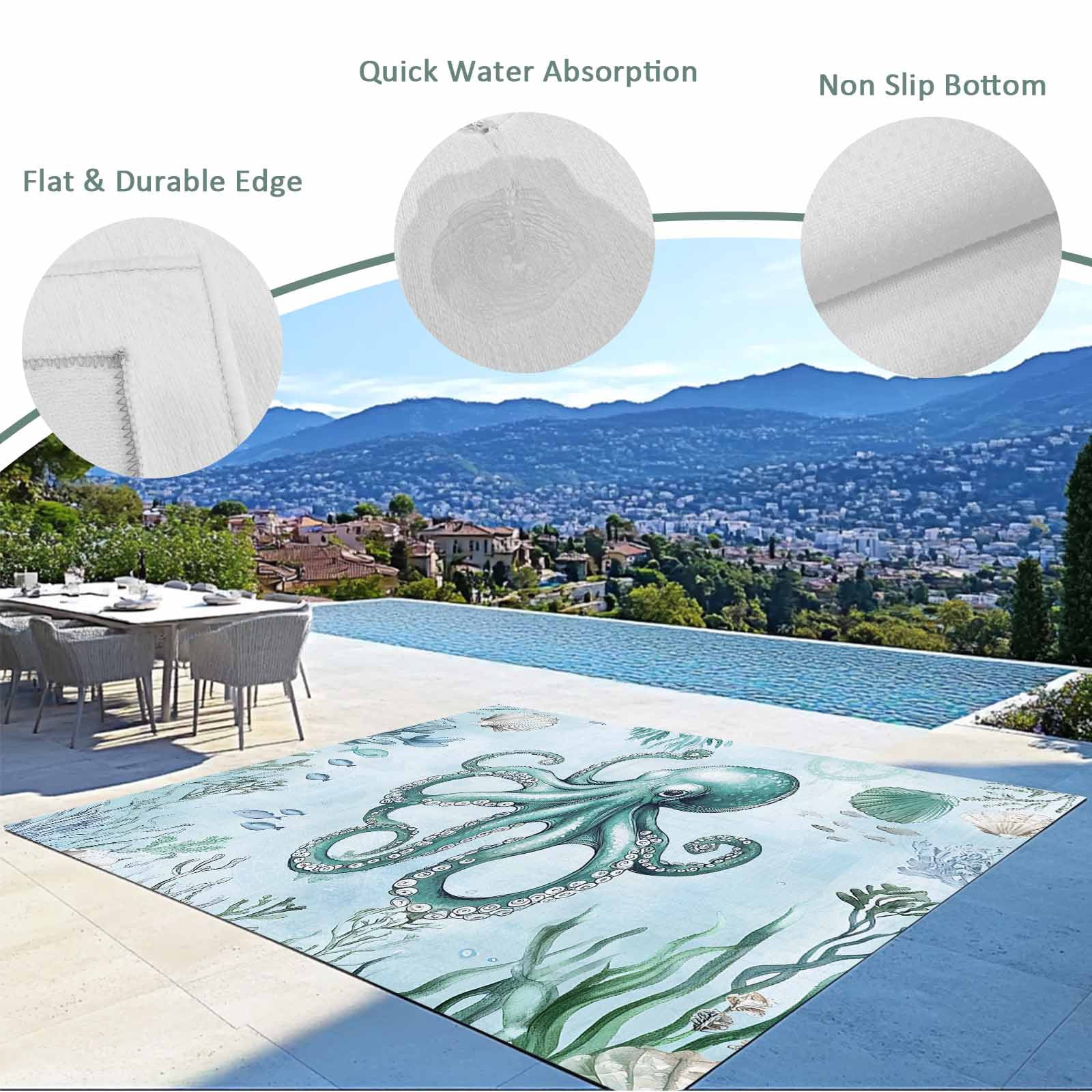 Fsddascl Coastal Octopus Outdoor Rug for Patio/Deck/Porch, Non-Slip Large Area Rug 5 x 8 Ft, Cyan Nautical Fish Shells Seaweeds Indoor Outdoor Rugs Washable Area Rugs, Reversible Camping Rug Carpet