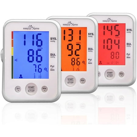 Easy@Home Upper Arm Blood Pressure Monitor (BP Monitor) with 3-Color Hypertension Backlit display and Pulse Meter,