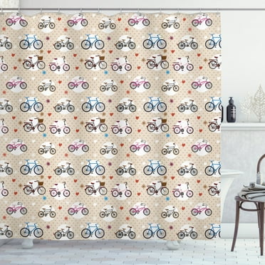 Ambesonne Cartoon Shower Curtain, Bike Heart and Dots, 69"Wx70"L, Beige and White