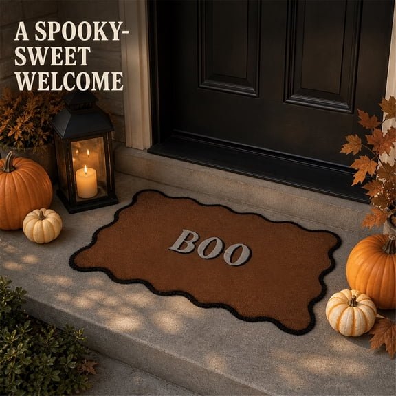 Halloween BOO Coir Doormat, Large Wavy Border Design, Spooky Fall Seasonal Welcome Rug for Indoor Outdoor Porch Entryway Decor(30x18Inch)