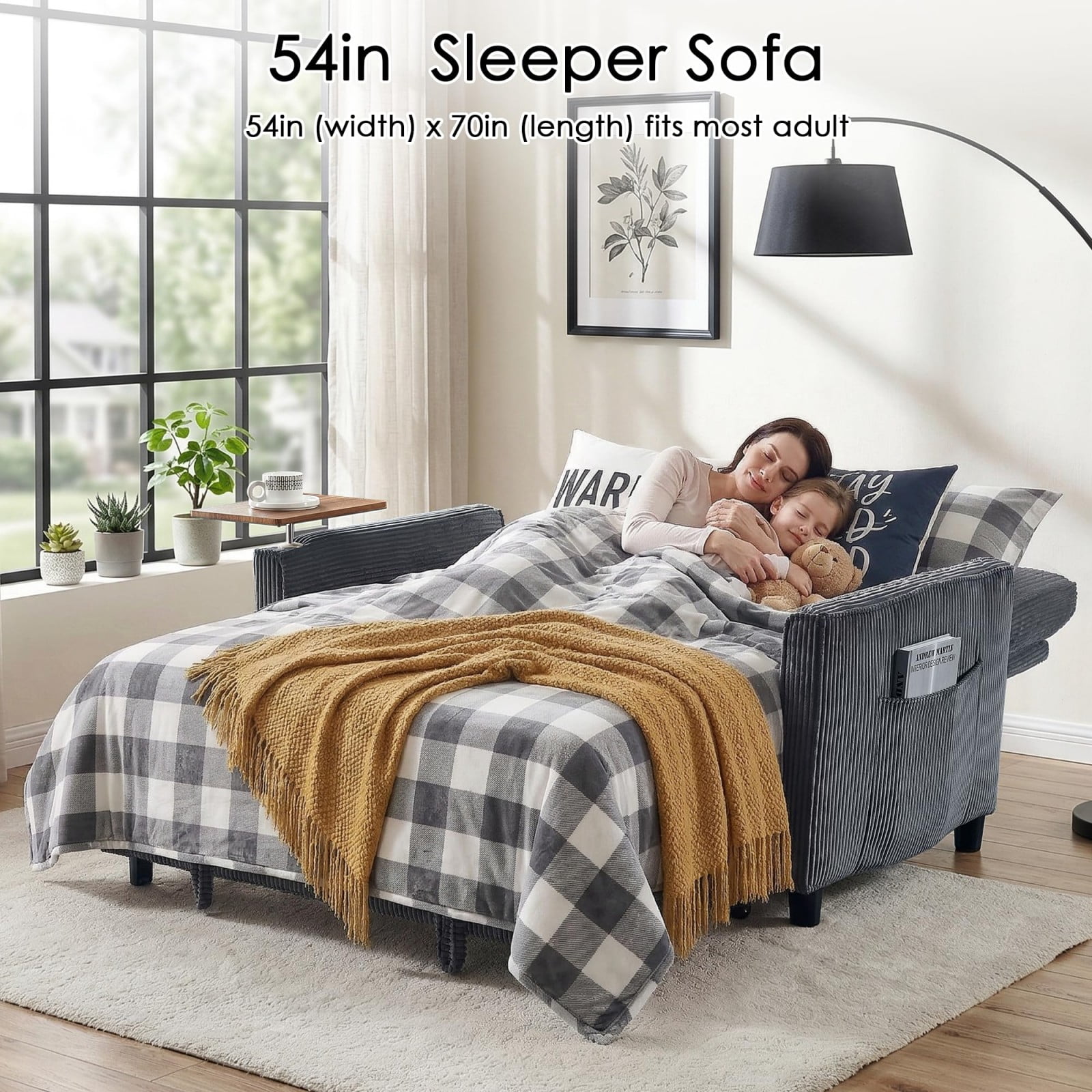 54" Sleeper Sofa Bed, Convertible Pull Out Couch Futon with Side Table, USB Charging Port, Corduroy Fabric, Adjustable Backrest Sofa Bed for Apartment Office, Dark Gray