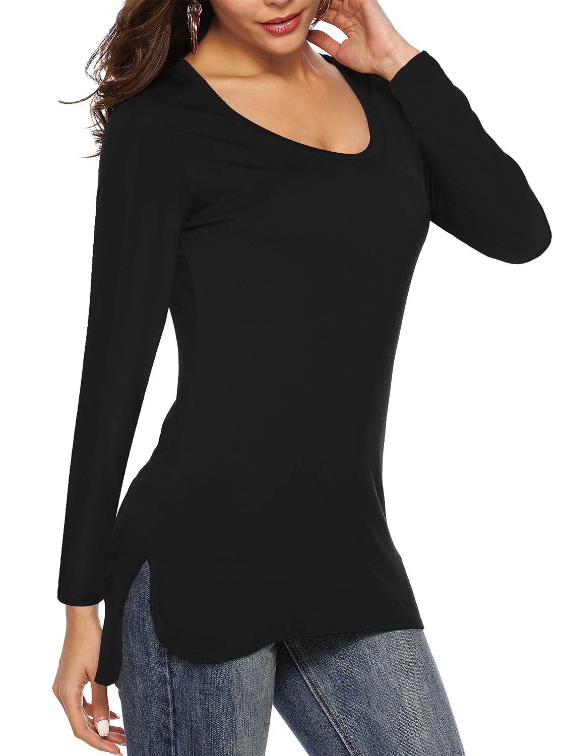 Amoretu Womens Scoop Neck Long Sleeve Shirts Fitted Tops(Black S ...