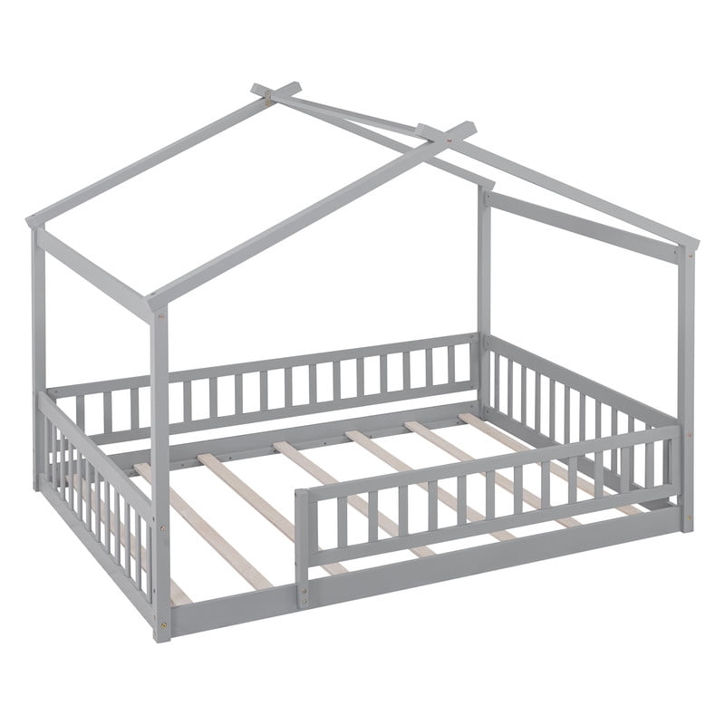 Full Size Wood House Bed with Fence and Roof Frame, Kids Floor Montessori Bed with Safety Guardrails, Sturdy Pinewood Playhouse Bed for Boys Girls