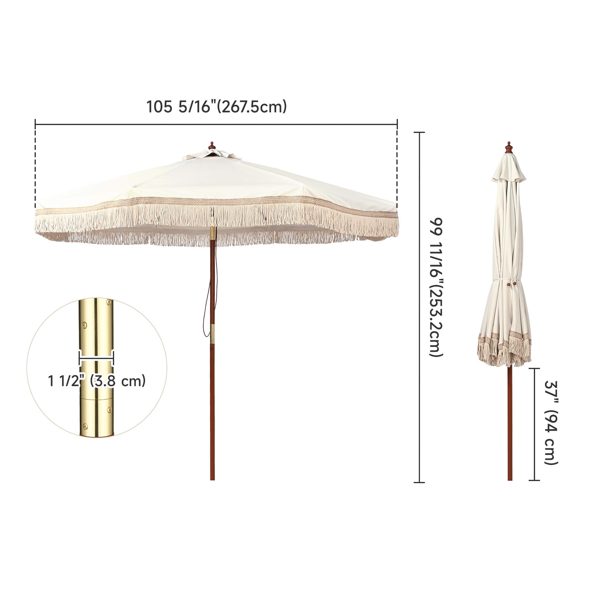 LAGarden BOHO 9' Fringe Patio Umbrella with Tassels UPF50+ Boho Style 5-Year-Non-Fading for Outdoor Yard Market Ivony Xchevron
