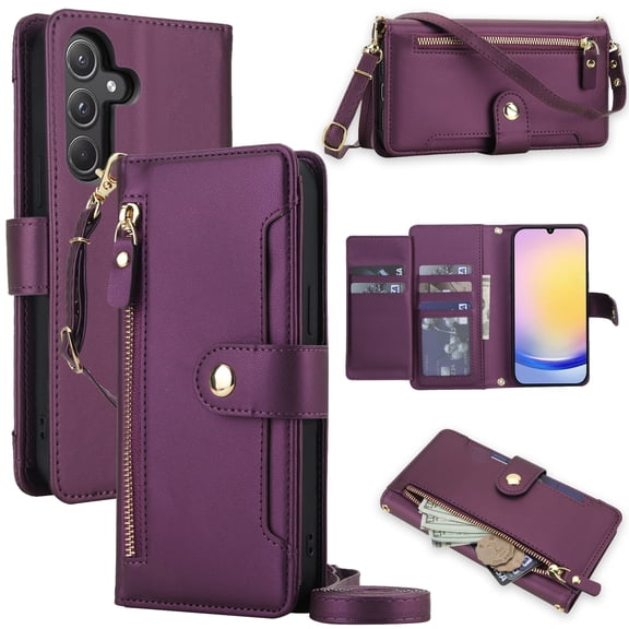 Designed For Samsung Galaxy S26 Wallet Case,With Shoulder Strap Wrist Strap,PU Leather Flip Folding Kickstand,Card Slots,Zipper Pocket,Shockproof Anti-fall Crossbody Wallet Case,Dark Purple